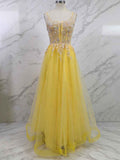Yellow Metallic Lace Appliqu¡§| Tulle Long Prom Dress with Slit