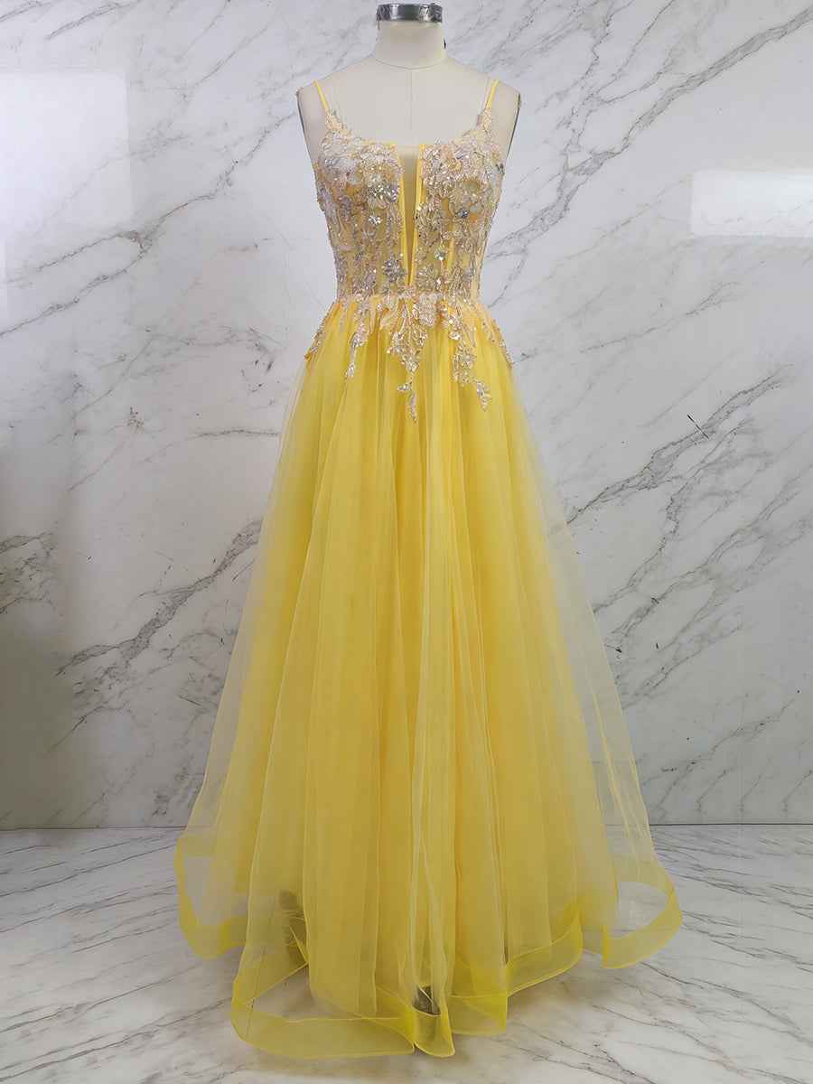 Yellow Metallic Lace Appliqu¡§| Tulle Long Prom Dress with Slit