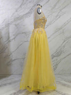 Yellow Metallic Lace Appliqu¡§| Tulle Long Prom Dress with Slit