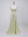Yellow Off-the-Shoulder Plunging V-Neck Sequin Prom Dress with High Slit