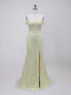 Yellow Off-the-Shoulder Plunging V-Neck Sequin Prom Dress with High Slit
