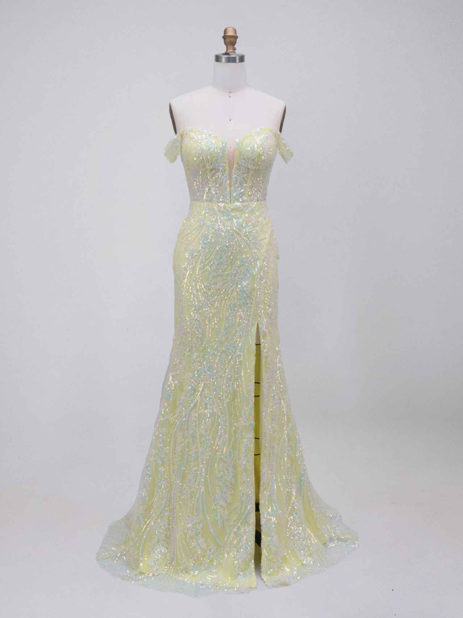 Yellow Off-the-Shoulder Plunging V-Neck Sequin Prom Dress with High Slit