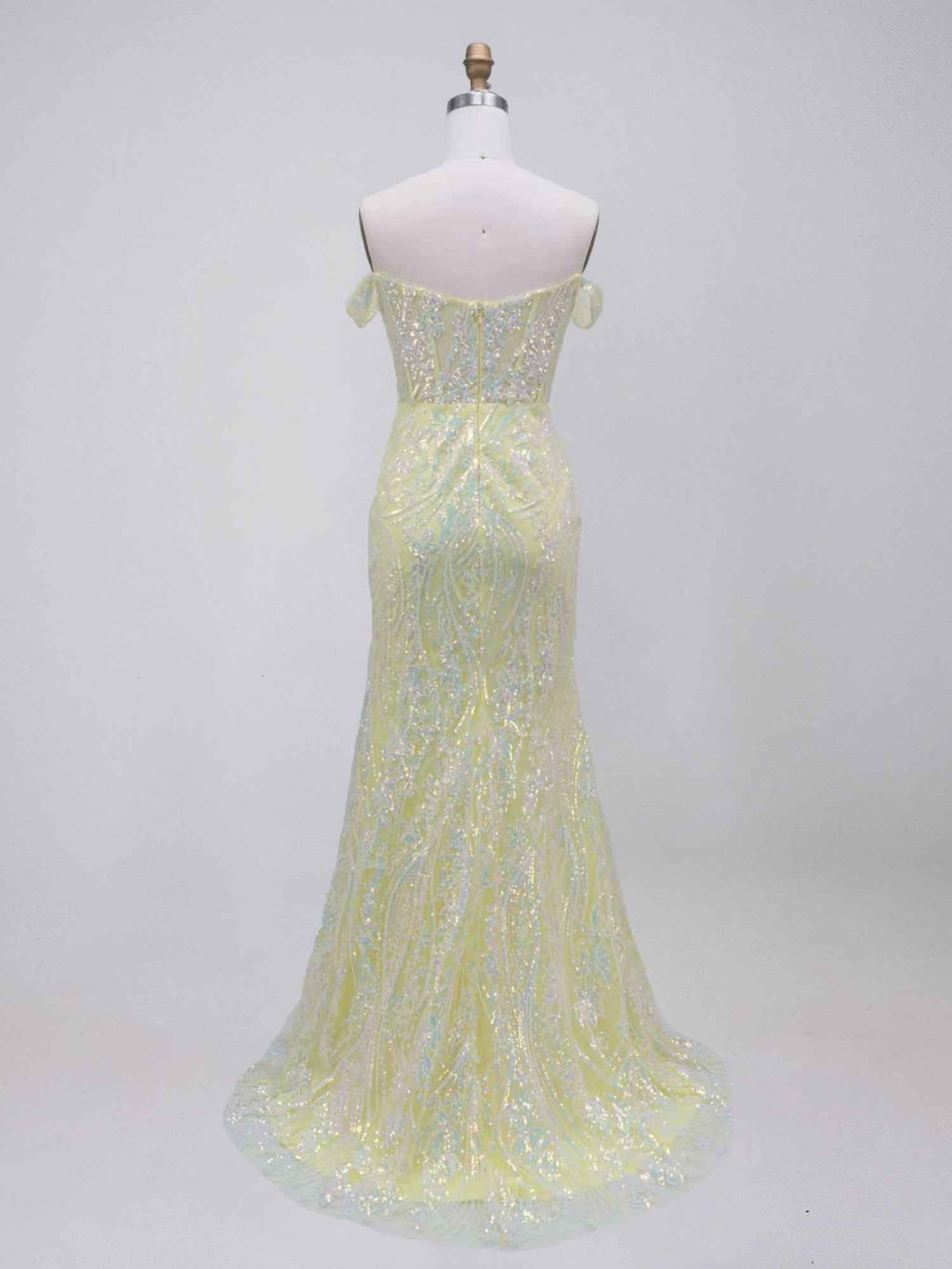 Yellow Off-the-Shoulder Plunging V-Neck Sequin Prom Dress with High Slit