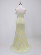 Yellow Off-the-Shoulder Plunging V-Neck Sequin Prom Dress with High Slit