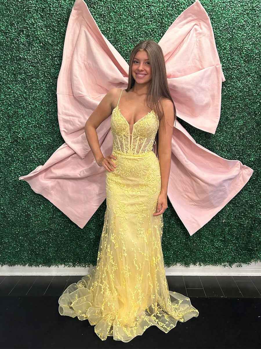 Yellow Plunging V-Neck Sheer Corset Prom Dress with Floral Lace Appliqu¡§|s