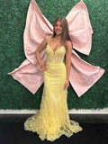 Yellow Plunging V-Neck Sheer Corset Prom Dress with Floral Lace Appliqu¡§|s