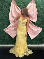 Yellow Plunging V-Neck Sheer Corset Prom Dress with Floral Lace Appliqu¡§|s