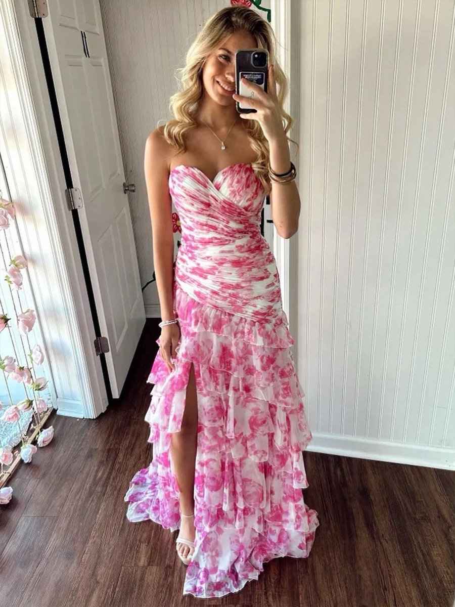 Yellow Print Mermaid Ruffled Tiered Prom Dress with Slit