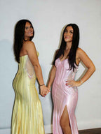 Yellow Satin Mermaid Corset Bodice Prom Dress with Rhinestone