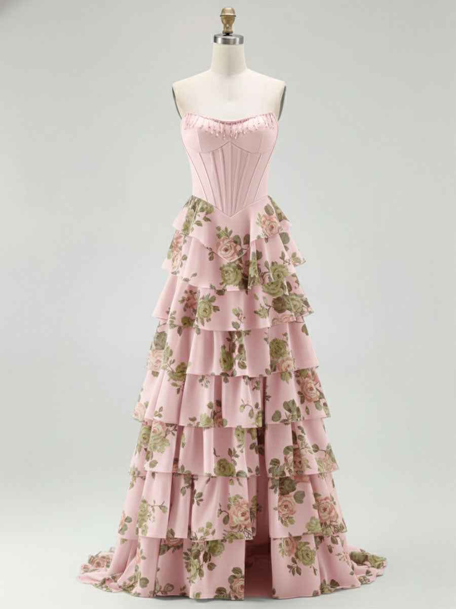 Blue Strapless Floral Print Tiered Ruffle Corset Prom Dress