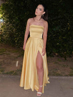Yellow Strapless Satin A-Line Long Prom Dress BMBRIDE