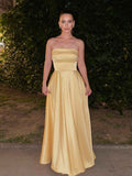 Yellow Strapless Satin A-Line Long Prom Dress BMBRIDE