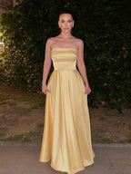 Yellow Strapless Satin A-Line Long Prom Dress BMBRIDE