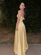 Yellow Strapless Satin A-Line Long Prom Dress BMBRIDE