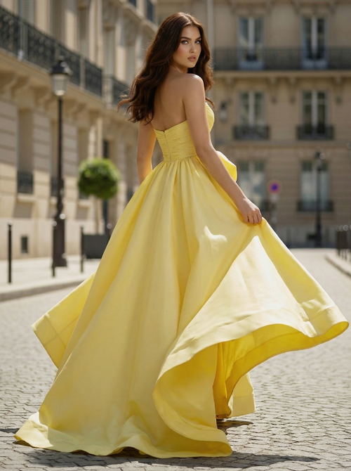 Yellow Strapless Satin Prom Dress with Dramatic Bow and High Slit BMBRIDE