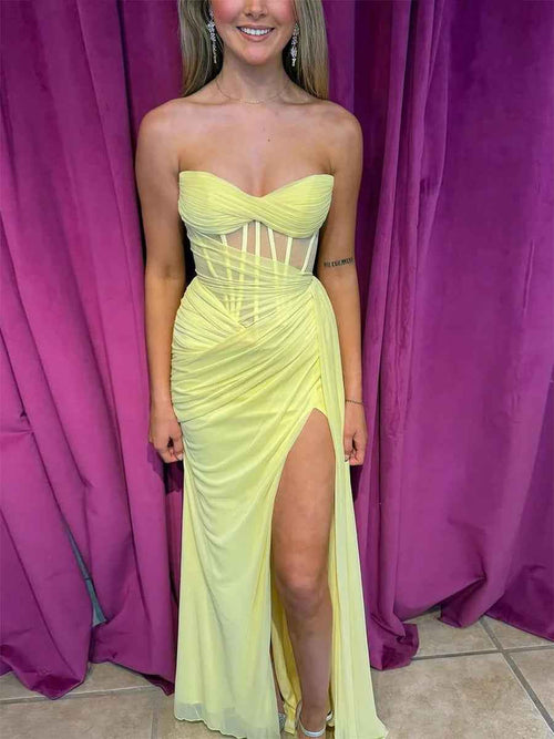 Yellow Strapless Sweetheart Corset Ruched Prom Dress with Slit BMBRIDE