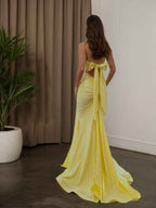Yellow Strapless Sweetheart Neckline Ruched Prom Dress with Thigh Slit BMBRIDE