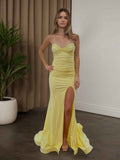Yellow Strapless Sweetheart Neckline Ruched Prom Dress with Thigh Slit BMBRIDE
