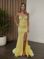 Yellow Strapless Sweetheart Neckline Ruched Prom Dress with Thigh Slit BMBRIDE