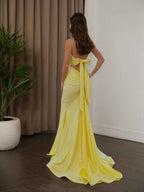 Yellow Strapless Sweetheart Neckline Ruched Prom Dress with Thigh Slit BMBRIDE