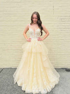 Yellow Tiered Tulle A-Line Long Prom Dress with Floral Lace