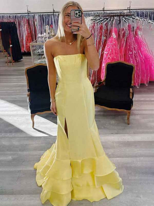 Black Mermaid Strapless Satin Tiered Prom Dress with Slit BMBRIDE