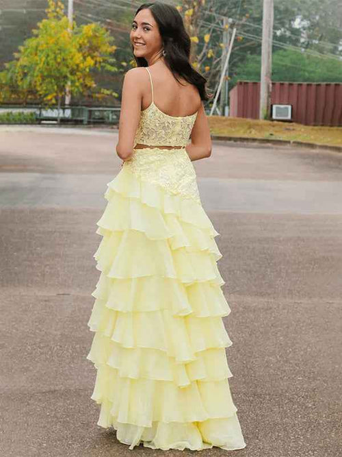 Yellow A-Line Spaghetti Straps Appliques Tiered Chiffon Prom Dress with Slit BMBRIDE