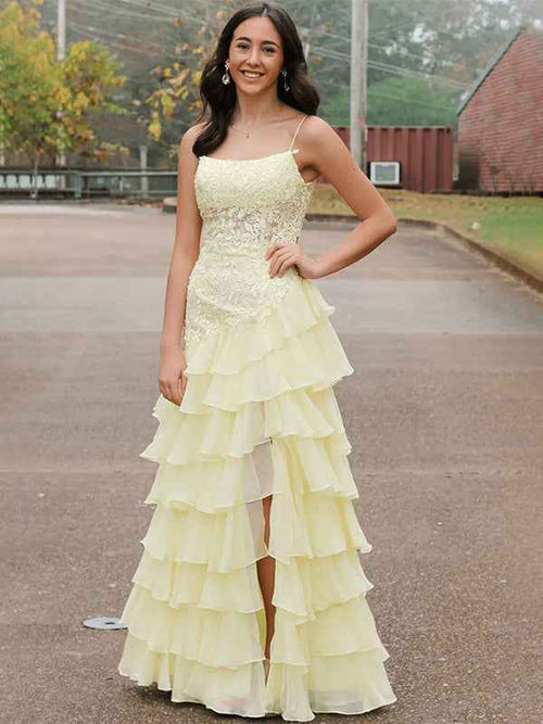 Yellow A-Line Spaghetti Straps Appliques Tiered Chiffon Prom Dress with Slit BMBRIDE