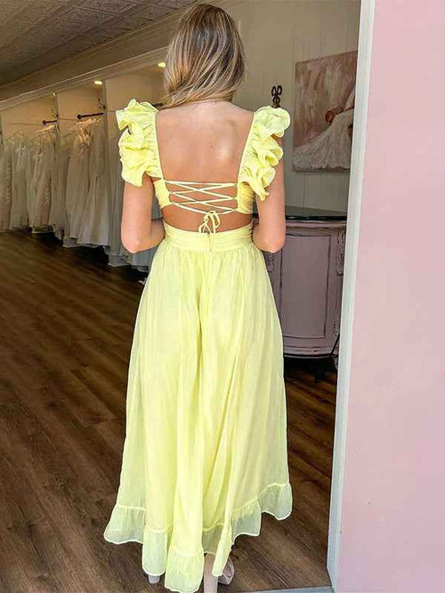 Yellow A-Line V-Neck Ruffled Straps Chiffon Party Prom Dress BMBRIDE