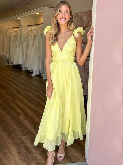Yellow A-Line V-Neck Ruffled Straps Chiffon Party Prom Dress BMBRIDE