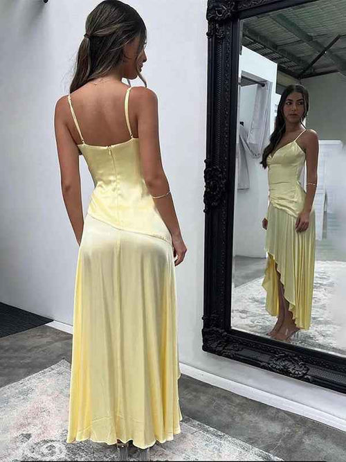 Yellow A Line Spaghetti Straps Silk Ruffle Party Dress BMBRIDE