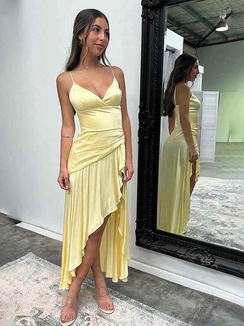 Yellow A Line Spaghetti Straps Silk Ruffle Party Dress BMBRIDE