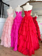 Yellow A Line Strapless Satin Corset Long Prom Dress with Ruffle Skirt