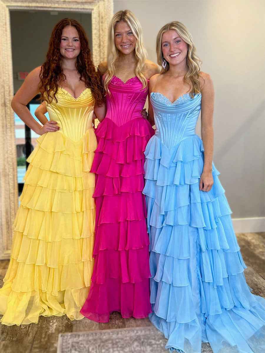 Yellow A Line Strapless Satin Corset Long Prom Dress with Ruffle Skirt