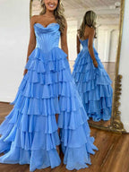 Yellow A Line Strapless Satin Corset Long Prom Dress with Ruffle Skirt