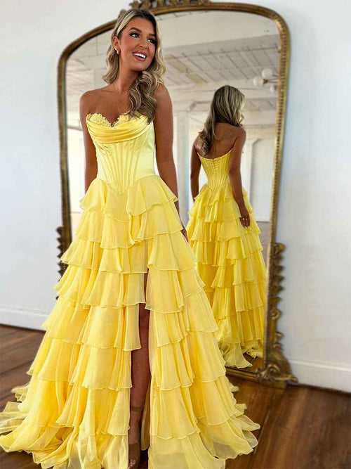 Yellow A Line Strapless Satin Corset Long Prom Dress with Ruffle Skirt BMBRIDE