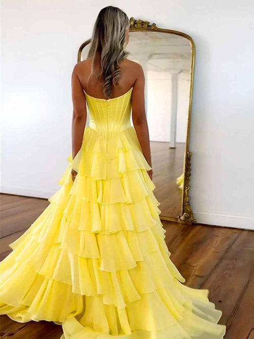Yellow A Line Strapless Satin Corset Long Prom Dress with Ruffle Skirt BMBRIDE