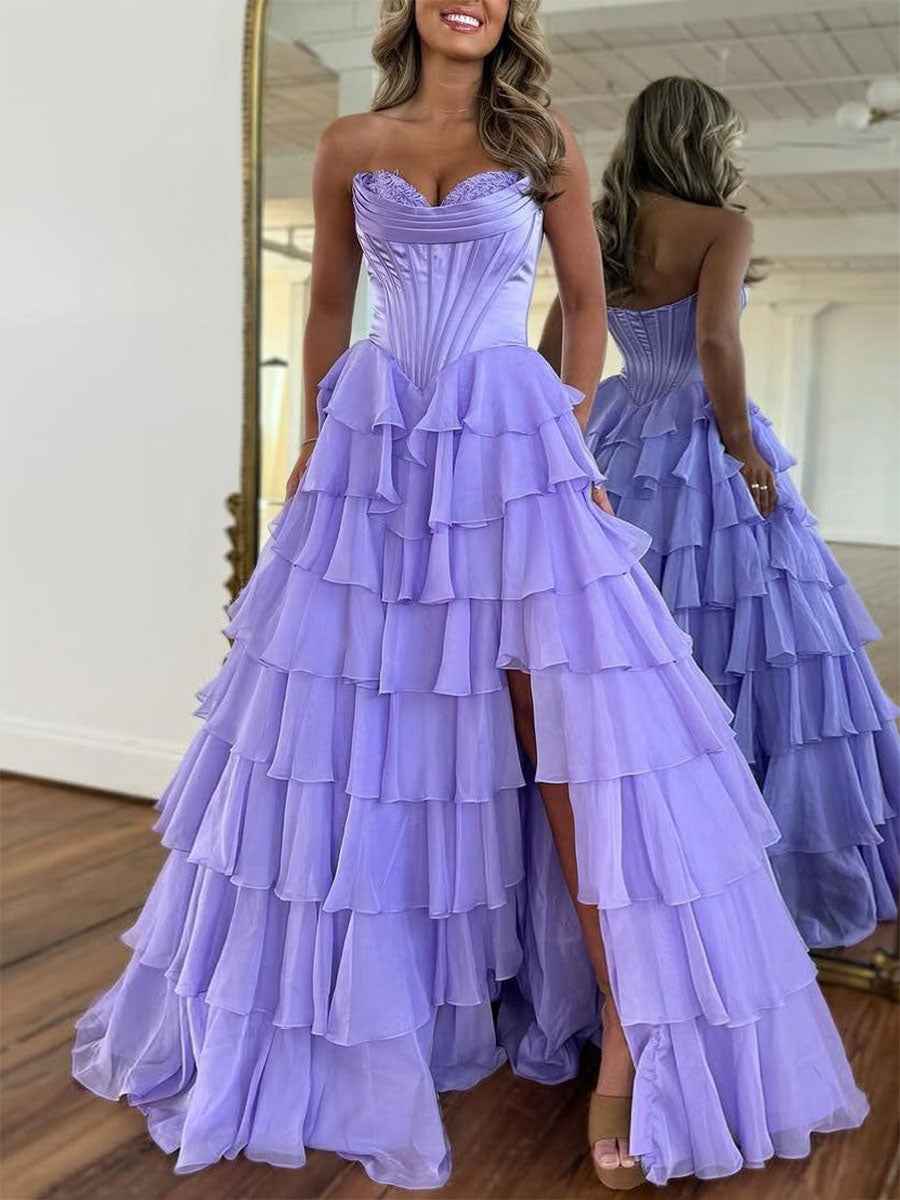 Yellow A Line Strapless Satin Corset Long Prom Dress with Ruffle Skirt