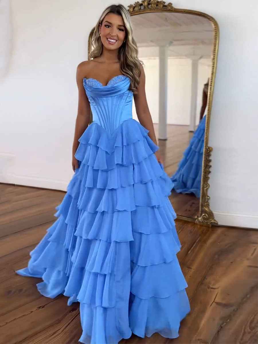 Yellow A Line Strapless Satin Corset Long Prom Dress with Ruffle Skirt