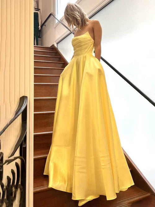 Sage Green A Line Strapless Satin Long Prom Dress with Slit BMBRIDE