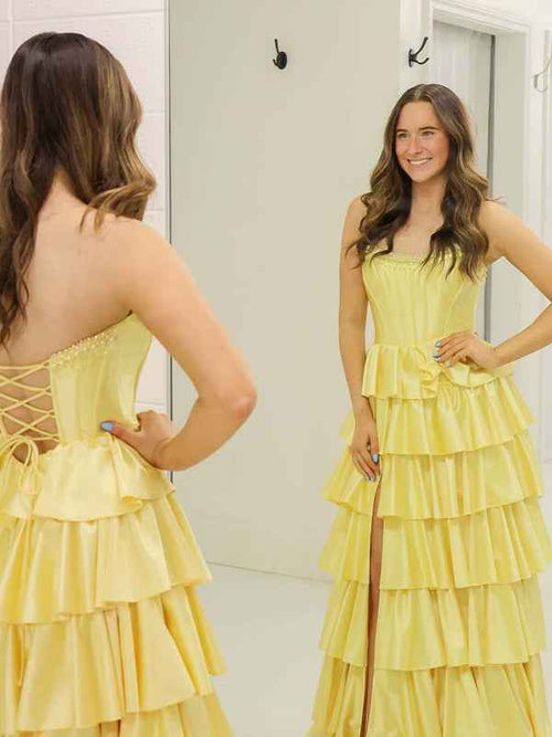 Yellow A Line Strapless Tiered Ruffle Long Prom Gown Dress with Slit BMBRIDE