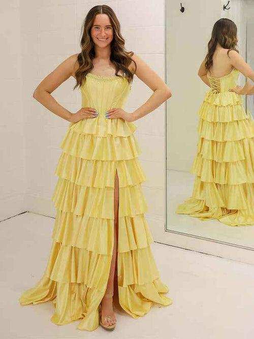 Yellow A Line Strapless Tiered Ruffle Long Prom Gown Dress with Slit BMBRIDE