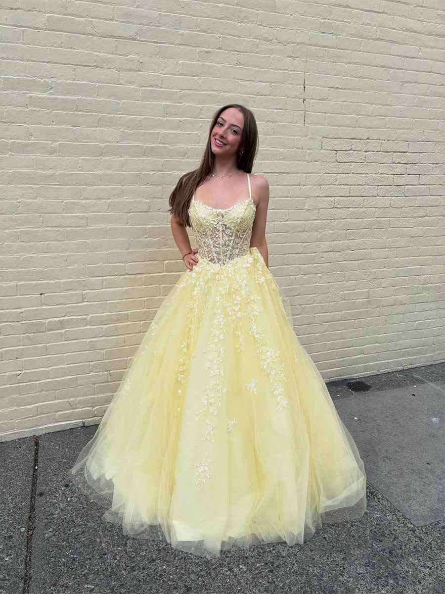 Yellow Floral A Line Lace Tulle Long Prom Dress with Appliqu¡§|