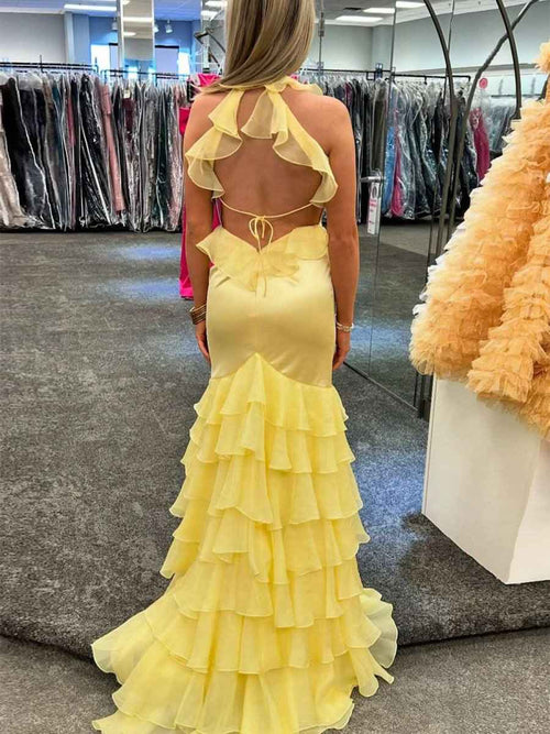 Yellow Mermaid Halter V Neck Satin Ruffles Long Prom Dress BMBRIDE