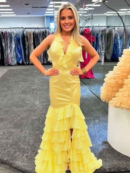 Yellow Mermaid Halter V Neck Satin Ruffles Long Prom Dress BMBRIDE