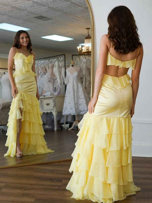 Yellow Mermaid Ruffle Chiffon Long Prom Dress with Flower BMBRIDE