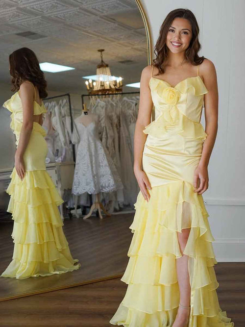 Yellow Mermaid Ruffle Chiffon Long Prom Dress with Flower BMBRIDE