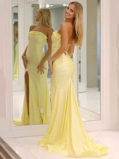 Yellow Mermaid Ruffles Strapless Long Prom Dresses with Slit BMBRIDE