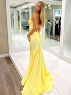 Yellow Mermaid Ruffles Strapless Long Prom Dresses with Slit