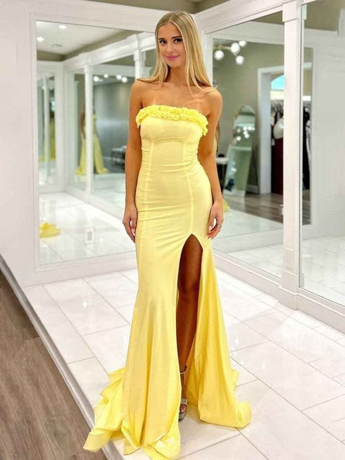 Yellow Mermaid Ruffles Strapless Long Prom Dresses with Slit BMBRIDE